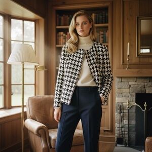 Q Mack Herringbone Blazer Black & White Jacket Asymmetrical Gold Zip Size M